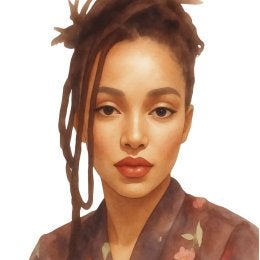 watercolor headshot of woman with fair complexion and dark brown hair wearing a black garment with pink and green florals.