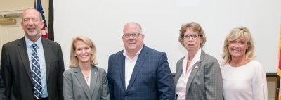 [Left to right] UMD CTCI Co-Director Richard Luecking, UMD COE Dean Jennifer King Rice, Maryland Gov. Larry Hogan, MDOD Secretary Carol A. Beatty, Marcella E. Franczkowski, Assistant State Superintendent for MSDE Div. of Special Ed./Early Intervention