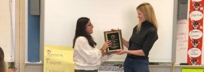 Jasmin Sanchez, a senior secondary social studies major in the UMD College of Education, was presented the Middle States Council for the Social Studies’ 2018 Bernice Samalonis Award in her class at Buck Lodge Middle School. 