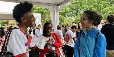 College of Education Dean Kimberly Griffin meets a future EdTerp, currently a seventh grader, at Maryland Day 2023.