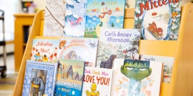 Books sit on display from the Lending Library.