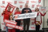 EdTerps hold up signs reading "#GivingDayUMD," "Transforming Education for Good," "#EdTerpsForGood" and "Let's Go Terps" on Giving Day 2026.
