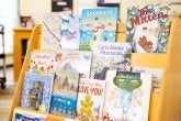 Books sit on display from the Lending Library.