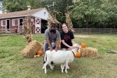 TerpsEXCEED Student and Peer Mentor at Campus Farm petting a sheep