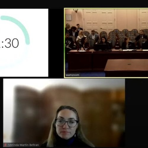 Screenshot of UMD faculty testifying in support of House Bill 56