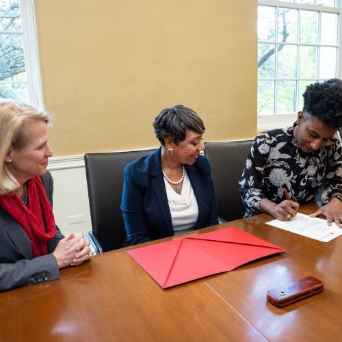 College of Education Dean Kimberly Griffin signed a renewed memorandum of understanding between the University of Maryland and Prince George's County Public Schools, along with UMD Senior Vice President and Provost Jennifer King Rice and PGCPS CEO Monica Goldson. 
