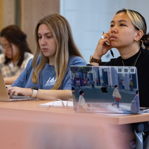 Students take a class on adolescent development, EDHD413, taught by Professor Geetha Ramani, Ph.D in the Benjamin Building on April 11, 2024.  Photo by Stephanie S. Cordle