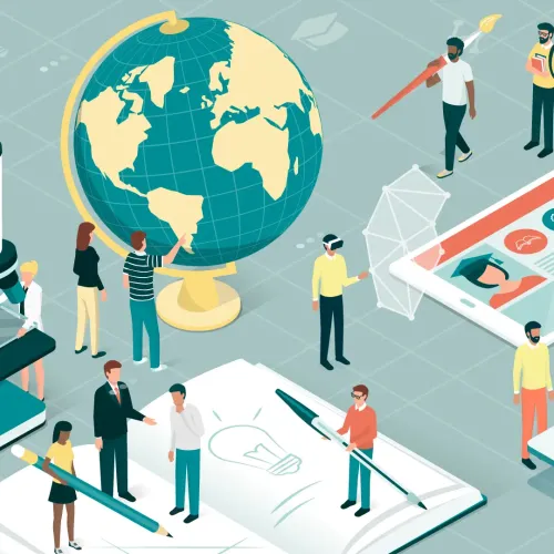 Illustration of people engaging with technology in various ways.