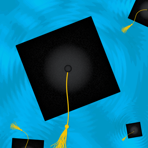 Mortarboards floating in water, surrounded by ripples