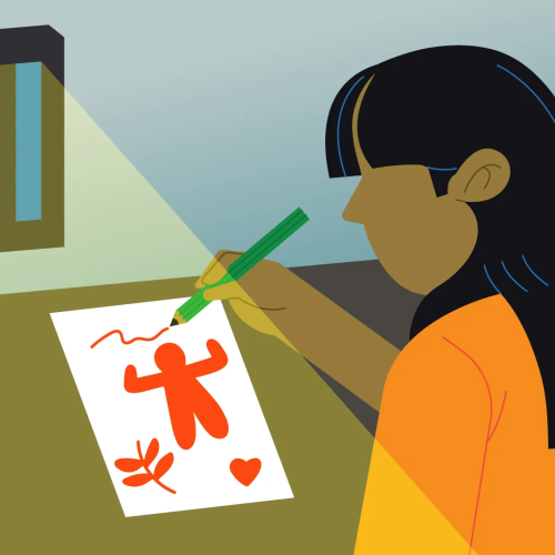 In an illustration, a woman sits at a desk by a prison window and draws a picture of a child, a heart and a plant.