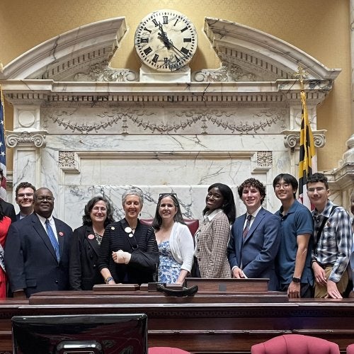 Lena Morreale Scott (fifth from left) and members of the Maryland Civic Education Coalition at the signing of HB0057/SB0204, which established the Maryland Seal of Civic Excellence.