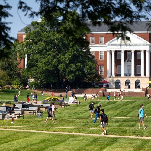 Students walk across McKeldin Mall.