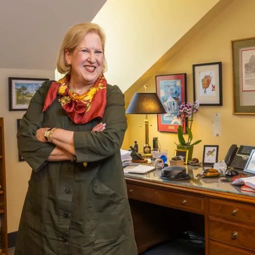 Adele H. Stamp Student Union Director Marsha Guenzler-Stevens Ph.D. '93 stands in her office.