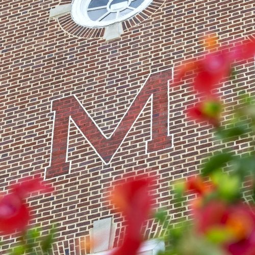 A red "M" painted on a brick wall surrounded by red flowers