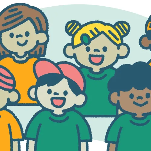 A cartoon drawing of six children of diverse genders and racial/ethnic backgrounds, three wearing orange shirts and three wearing green shirts.