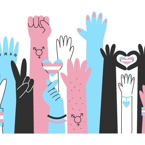 An illustration of pink, blue, white and black hands with heart-shaped trans pride flags.