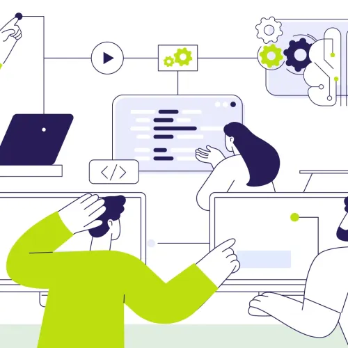 An illustration of five people working on computers and looking at graphs and charts.