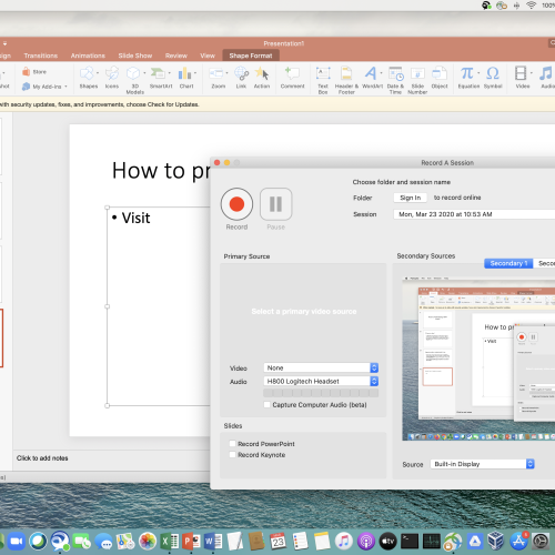 Screenshot of launching Panopto with PowerPoint in teh background