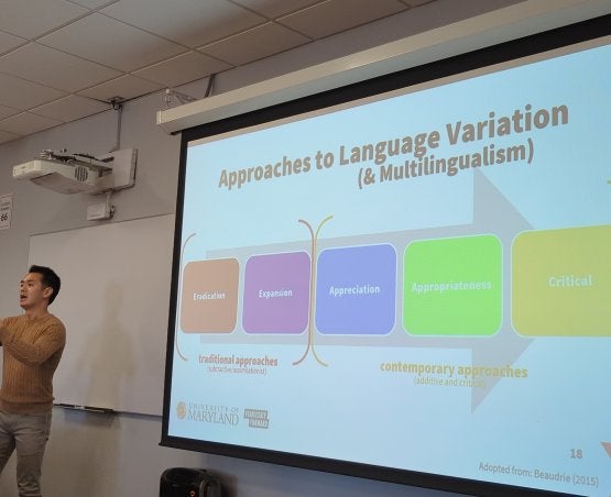 John Chi presenting a job talk on Heritage Language Education
