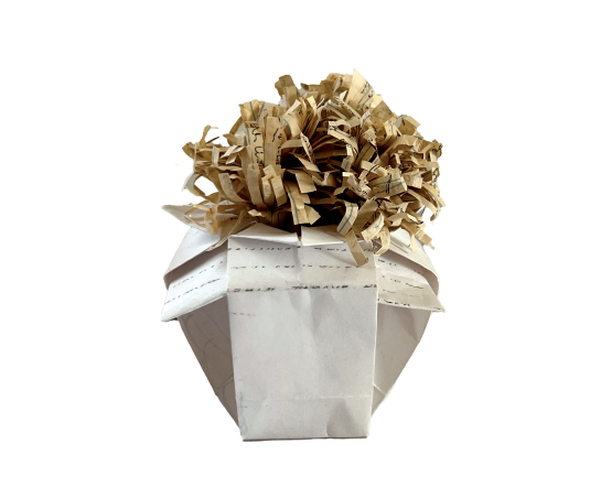 Vi Bao Le ’23's paper sculpture zine, made of replicas of old family photos and writings.