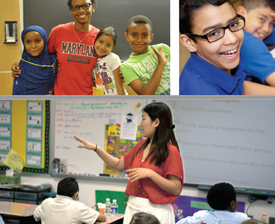 A collage of three pictures of diverse teachers and learners.