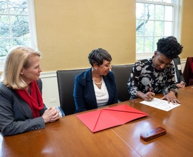College of Education Dean Kimberly Griffin signed a renewed memorandum of understanding between the University of Maryland and Prince George's County Public Schools, along with UMD Senior Vice President and Provost Jennifer King Rice and PGCPS CEO Monica Goldson. 