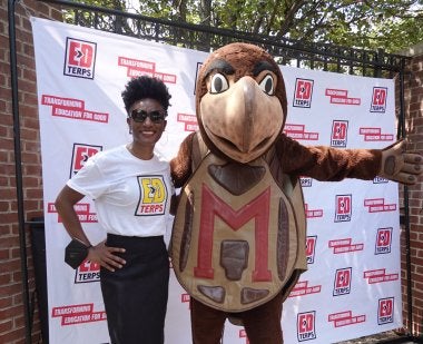 Dean Kimberly Griffin and Testudo at 2023 College of Education Welcome Event