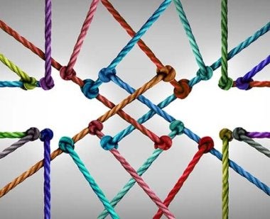 A series of interconnected multicolored knotted threads