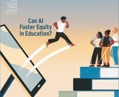 Cover of magazine. Person jumping from computer screen to stack of books