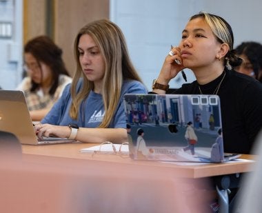 Students take a class on adolescent development, EDHD413, taught by Professor Geetha Ramani, Ph.D in the Benjamin Building on April 11, 2024.  Photo by Stephanie S. Cordle