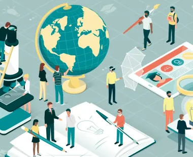 Illustration of people engaging with technology in various ways.