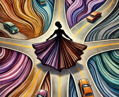 An young Black woman wears a dress made of symbols of oppression in an AI-generated image from Jennifer D. Turner's research into steroetypes in AI images of Black girls