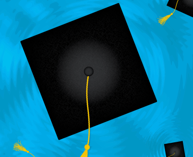 Mortarboards floating in water, surrounded by ripples