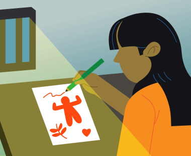 In an illustration, a woman sits at a desk by a prison window and draws a picture of a child, a heart and a plant.