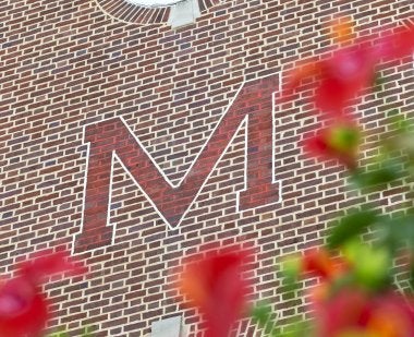 A red "M" painted on a brick wall surrounded by red flowers