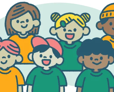 A cartoon drawing of six children of diverse genders and racial/ethnic backgrounds, three wearing orange shirts and three wearing green shirts.