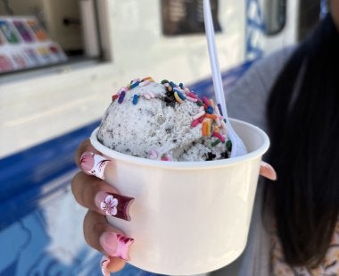 A customer holds a cup of ice cream with rainbow sprinkles and a spoon, standing in front of Carol Pisciotta '96's ice cream truck.