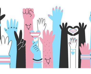 An illustration of pink, blue, white and black hands with heart-shaped trans pride flags.