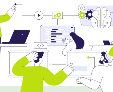 An illustration of five people working on computers and looking at graphs and charts.