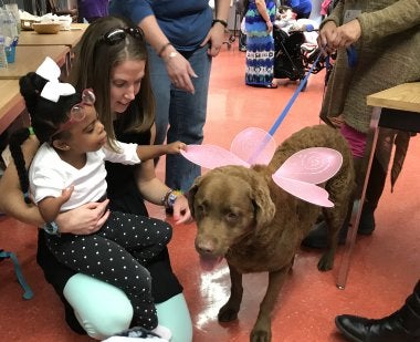 CBSS' Jennifer Willis helps a student interact with a dog