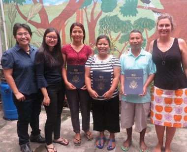 Photo of FRANCES LIM, CLINICAL PSYCHOLOGIST CONSULTATION INTERN SUPERVISOR; TAN EI WIN CONSULTATION INTERN; THREE REFUGEE TEACHER PARTICIPANTS; DR. COLLEEN R. O’NEAL.