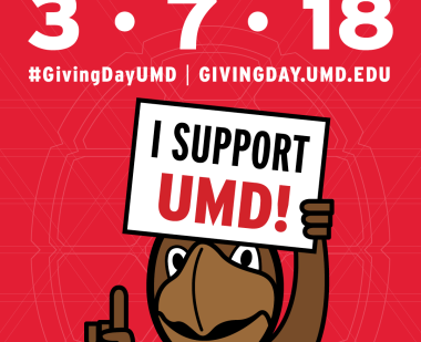 Testudo holding I Support UMD sign Giving Day March 7 2018 #GivingDayUMD givingday.umd.edu 