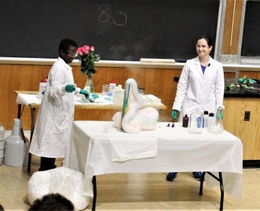 Dr. Stocker and kid making elephant toothpaste