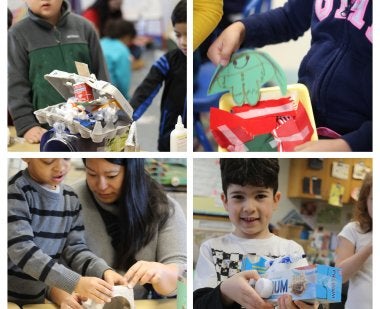 Children showing their recycled art work