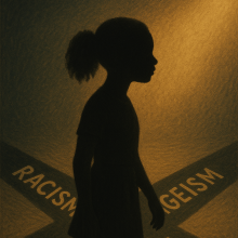 An Black girl navigating multiple forms of oppression in an AI-generated image from Jennifer D. Turner's research into steroetypes in AI images of Black girls