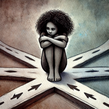 An unclothed Black girl sits at a crossroads in an AI-generated image from Jennifer D. Turner's research into steroetypes in AI images of Black girls
