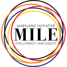 A yellow, red, orange, blue, and black ring encircle the word "MILE"