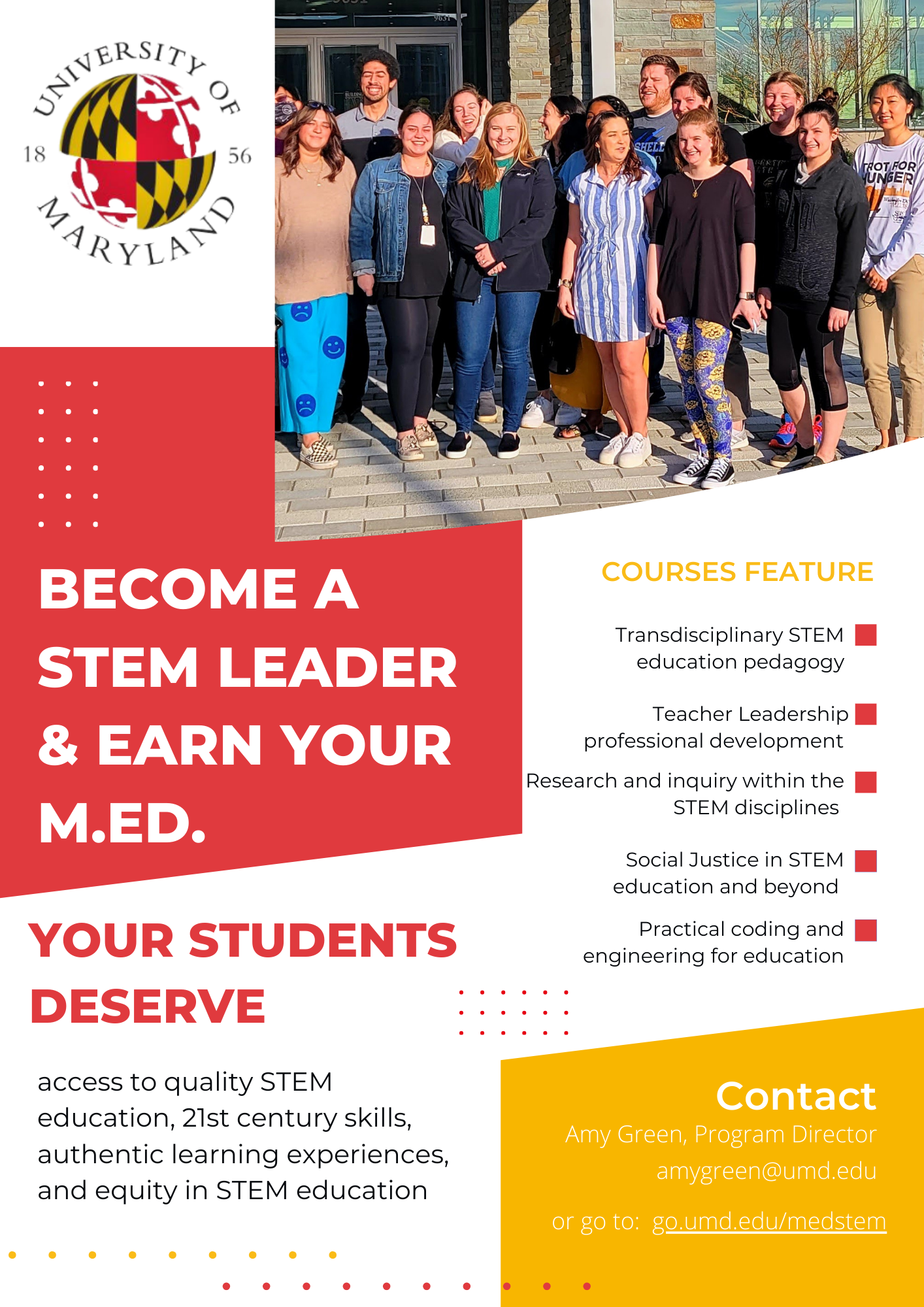 Become a STEM Leader flyer that has an image of a former program cohort and a list of the course features.
