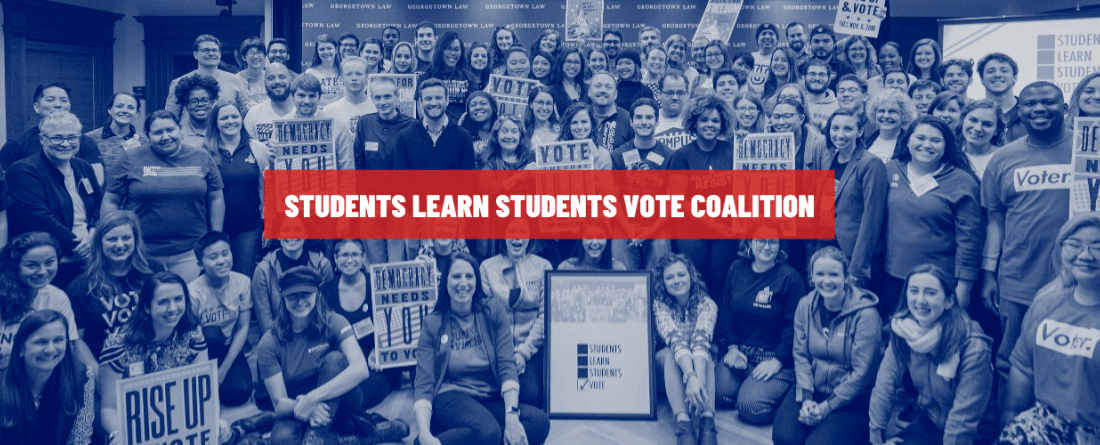 Photos of dozens of people posing with signs. Red box in center with white letters saying 'Students Learn Students Vote Coalition'