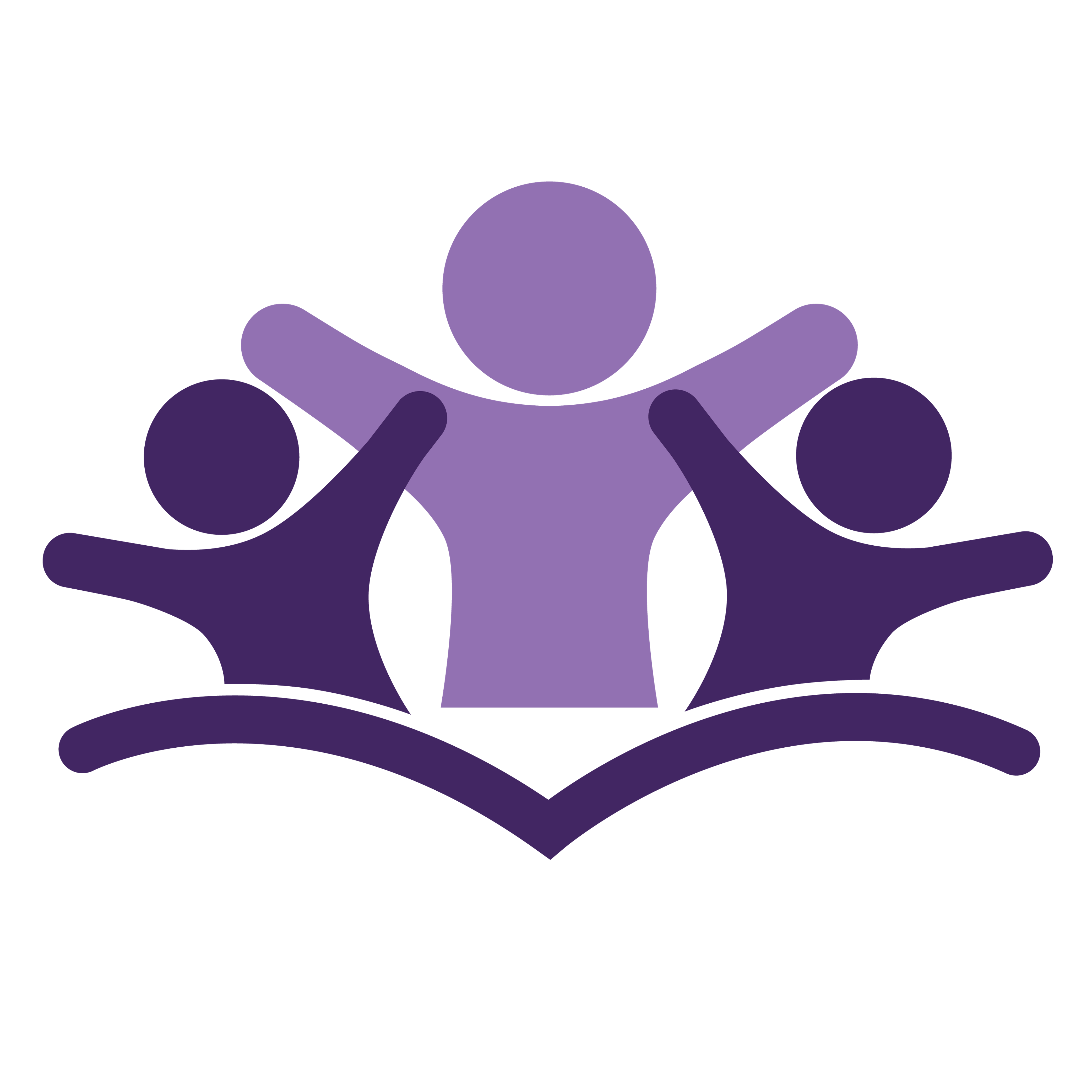 Trauma Sensitive Pedagogy Logo - illustration of two children and an adult joyously raising arms